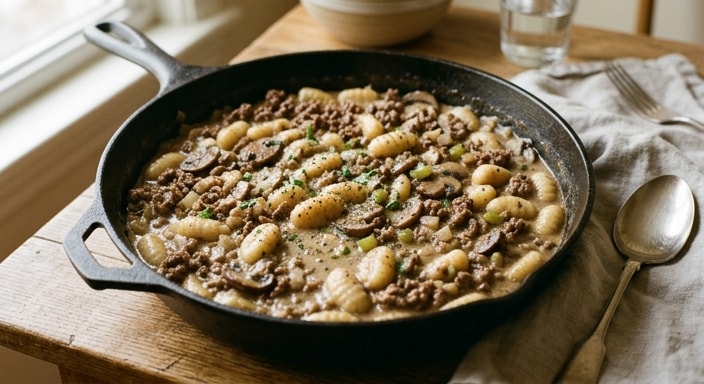 Creamy Beef Gnocchi Skillet with Celery, Onion, and Mushroom