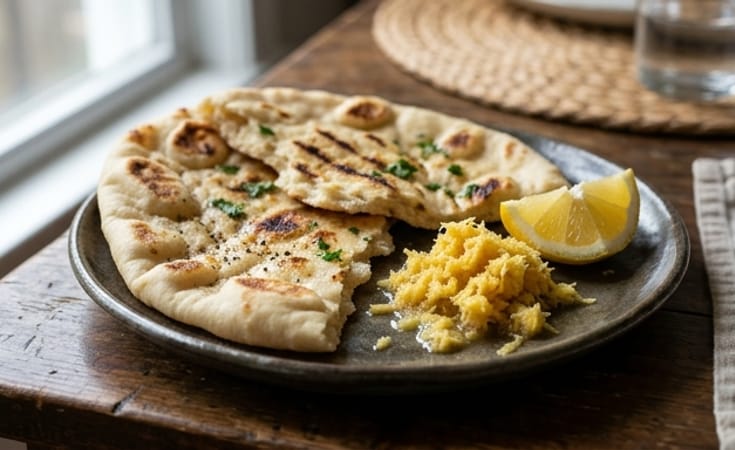 Charred Naan with Fresh Ginger and Lemon