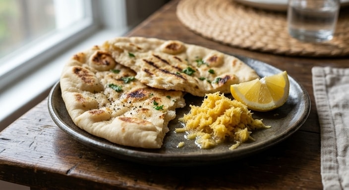 Charred Naan with Fresh Ginger and Lemon