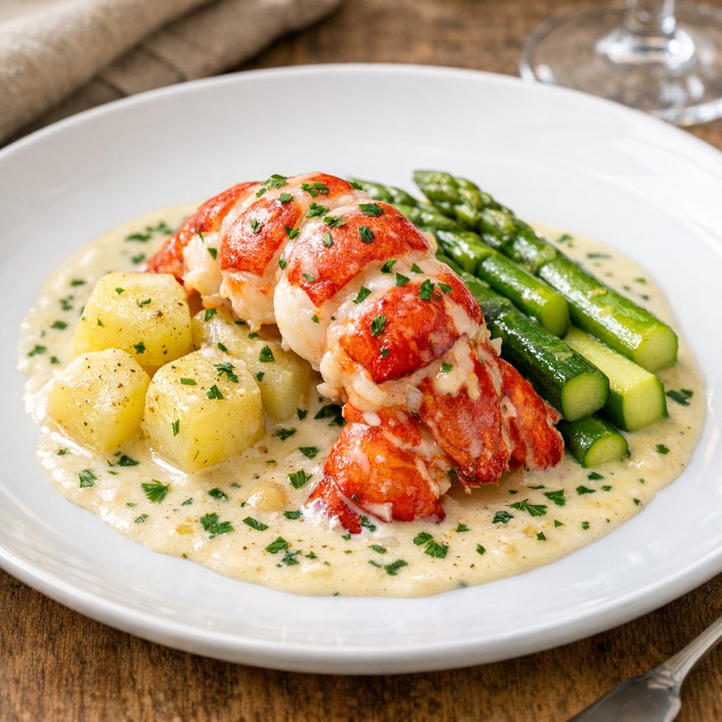 Butter-Poached Lobster Tail with Spring Vegetables and Cream Sauce