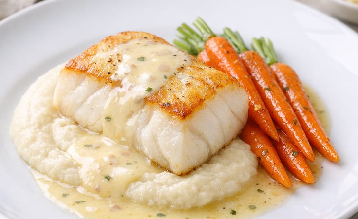 Cod with Beurre Blanc, Cauliflower Purée, and Buttered Spring Carrots