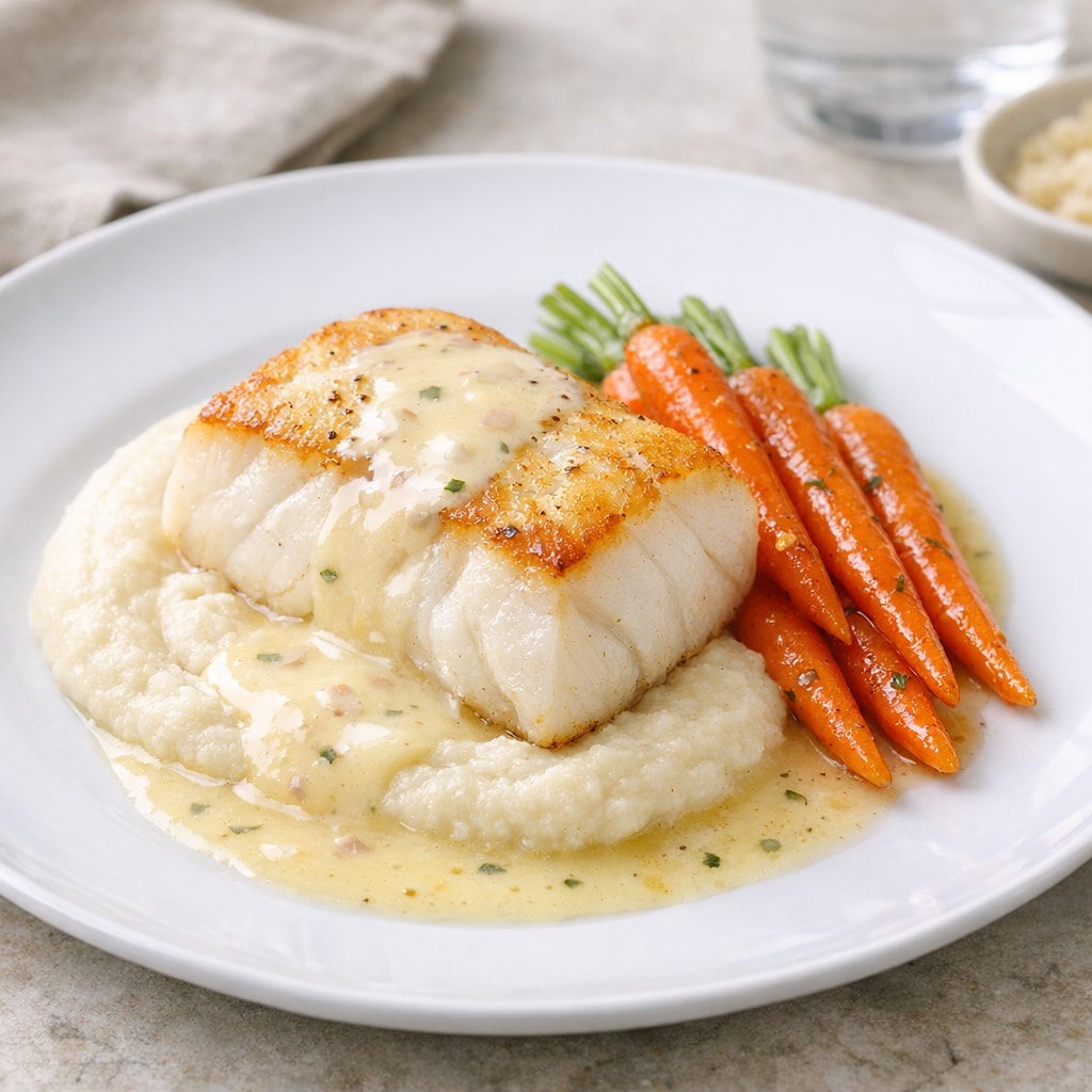 Cod with Beurre Blanc, Cauliflower Purée, and Buttered Spring Carrots