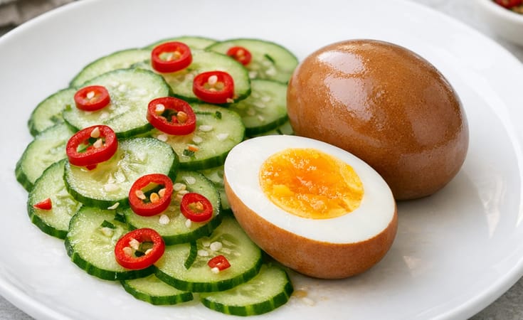 Brown Egg with Cucumber and Red Chili Pepper