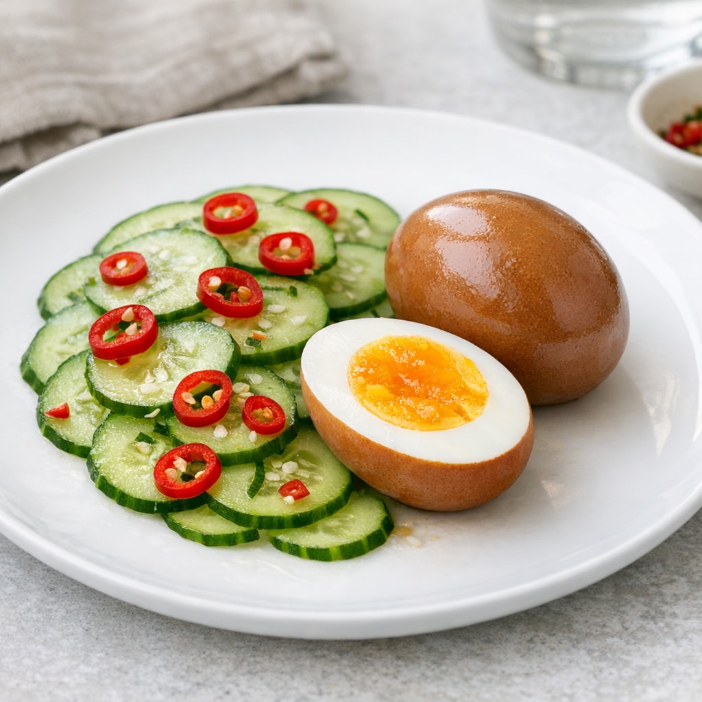 Brown Egg with Cucumber and Red Chili Pepper