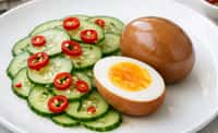 Brown Egg with Cucumber and Red Chili Pepper